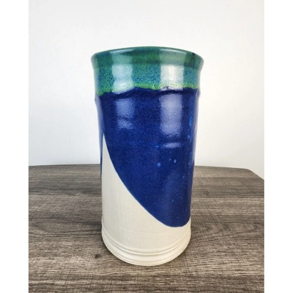 Schmidt Handmade Studio Pottery Vase Blue Green White Glazed‎ Ceramic Signed